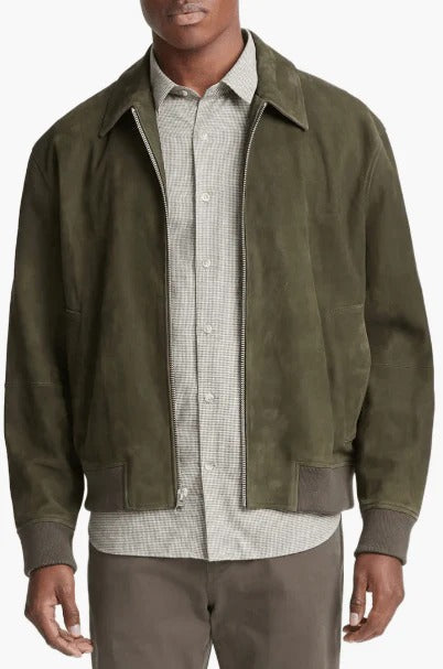 Men’s Khaki Suede Bomber Jacket – Modern Leather Jacket