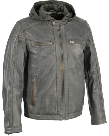 Men’s Zipper Front Leather Jacket with Removable Hood – Versatile Urban Style