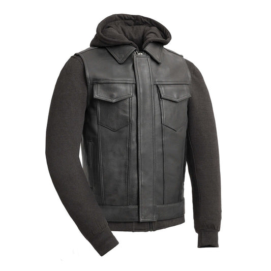 Kent Men’s Leather Motorcycle Vest with Removable Hoodie
