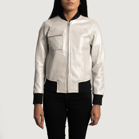 Women’s Lana Silver Leather Bomber Jacket – Bold Modern Shine