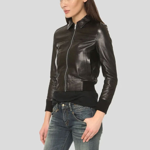 Halle Black Leather Bomber Jacket with Shirt Collar – Classic & Modern