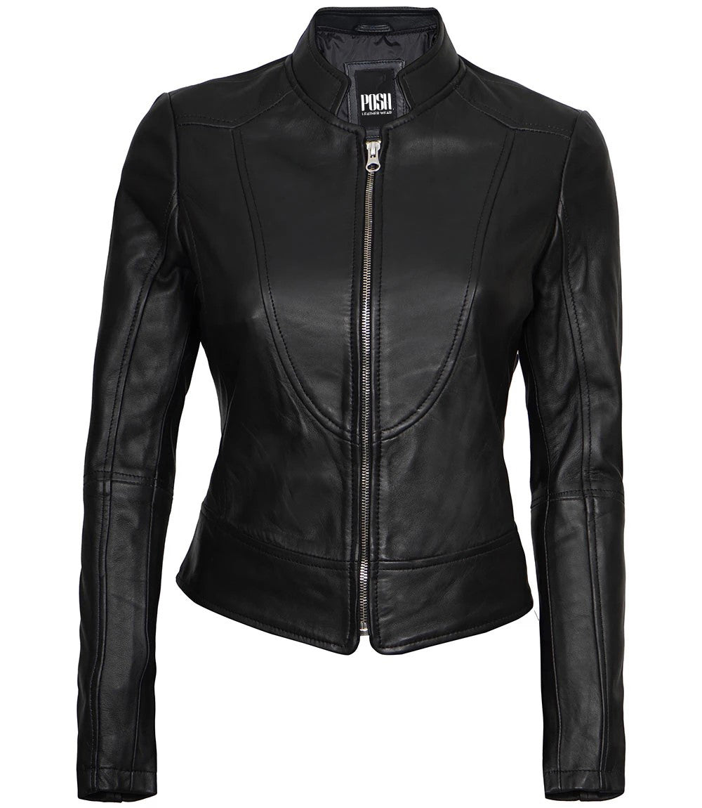 Women’s Black Café Racer Leather Motorcycle Jacket – Sleek Moto Style by Bravo Bros