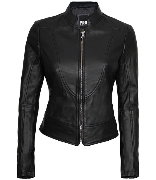 Women’s Black Café Racer Leather Motorcycle Jacket – Sleek Moto Style by Bravo Bros