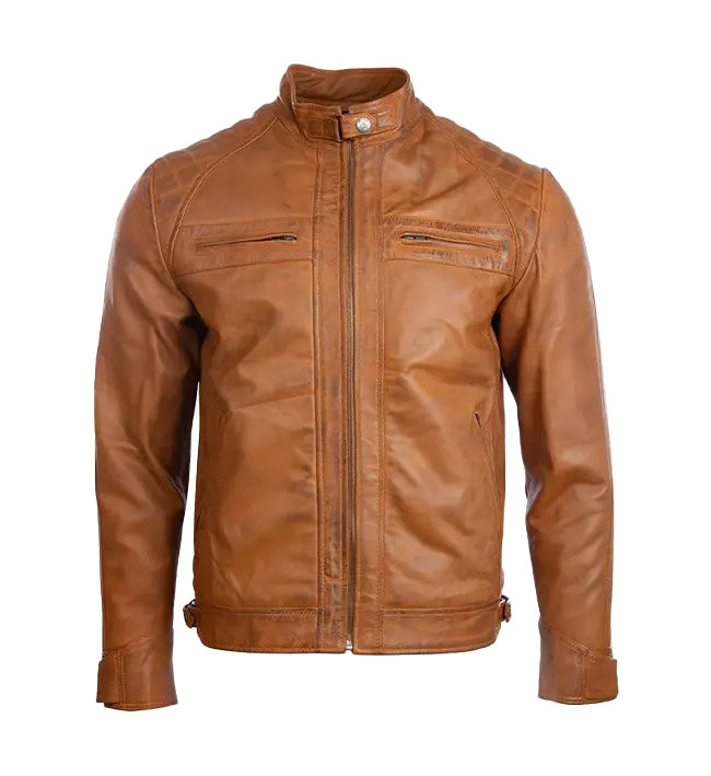 Men’s Tan Quilted Leather Biker Jacket – Stylish Moto Wear by Bravo Bros