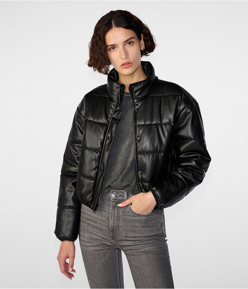 Women’s Black Leather Puffer Jacket – Modern Cozy Style by Bravo Bros