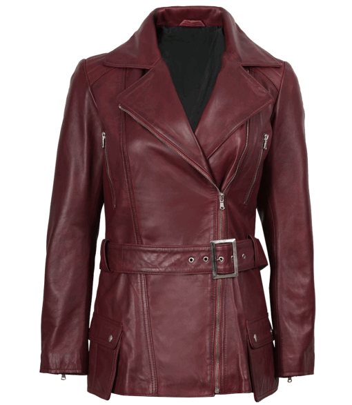 Women’s Maroon Asymmetrical Belted Leather Biker Jacket