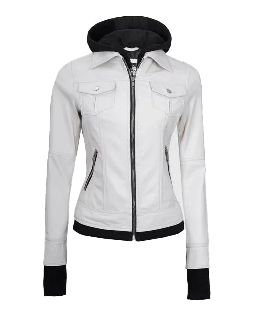 Women’s White Leather Jacket with Removable Hood