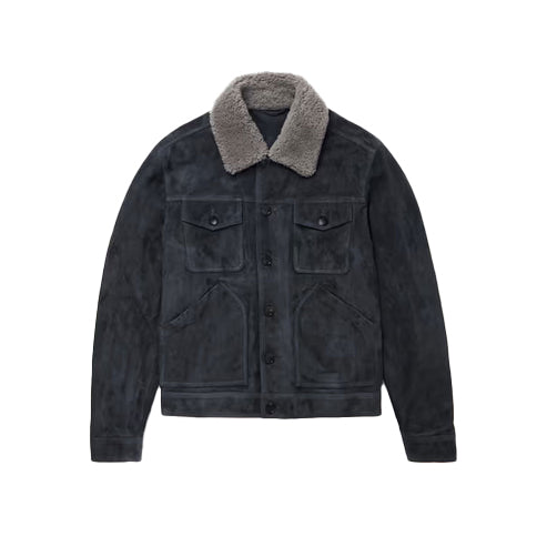 Men’s Navy Suede Leather Trucker Jacket with Fur Collar