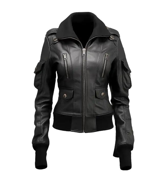 Women’s Black Leather Bomber Jacket – Classic & Stylish by Bravo Bros