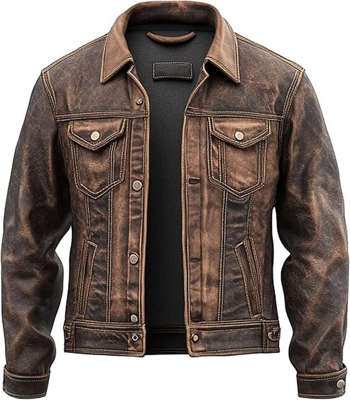 Men’s Vintage Lambskin Leather Trucker Jacket – Classic Denim-Style Design