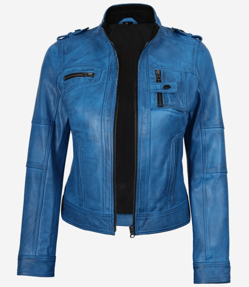 Women’s Blue Waxed Lambskin Leather Biker Jacket