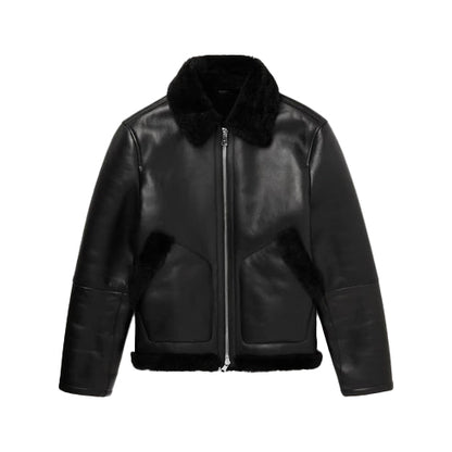 Men’s Black Shearling-Lined Leather Trucker Jacket – Warm & Rugged Style