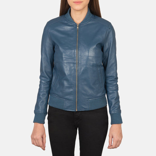 Women’s Bliss Blue Leather Bomber Jacket – Chic Urban Luxury