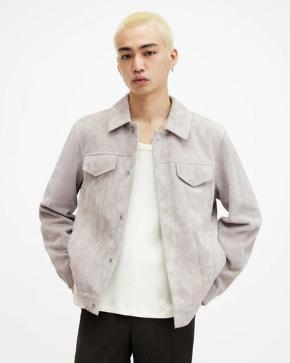Men’s White Gray Suede Trucker Jacket – Timeless Leather Style