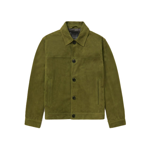 Men’s Green Suede Leather Trucker Jacket – Classic & Stylish Outerwear