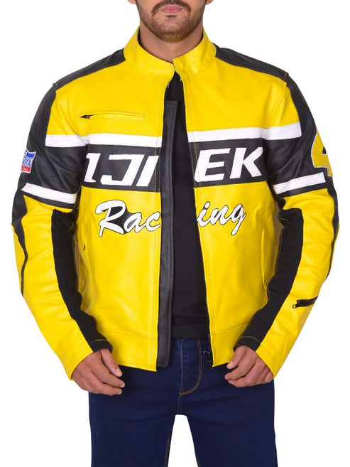 Bravo Bros Men’s Black & Yellow Biker Leather Jacket