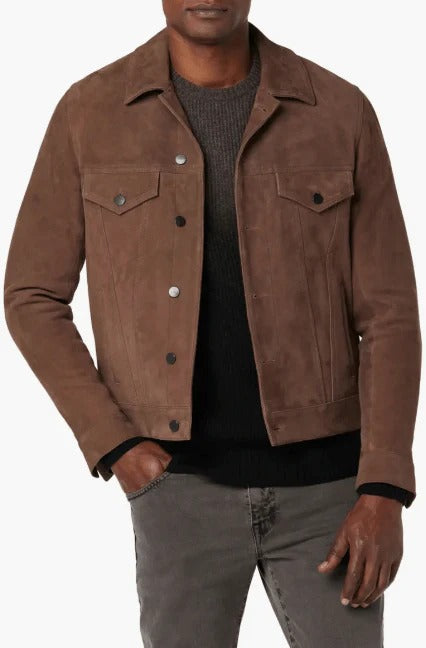Men’s Tan Beige Suede Trucker Jacket – Stylish Leather Outerwear