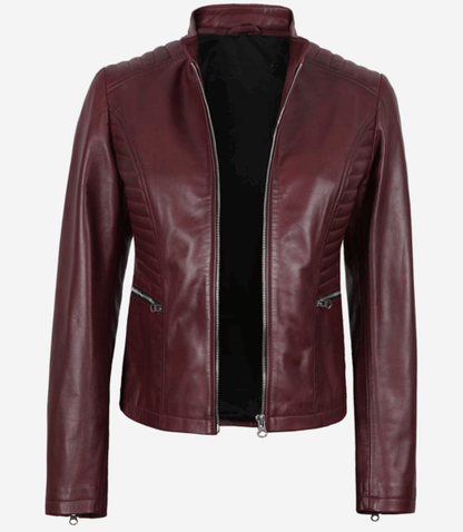Women’s Burgundy Leather Biker Jacket