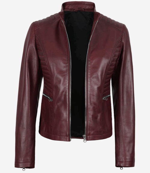 Women’s Burgundy Leather Biker Jacket