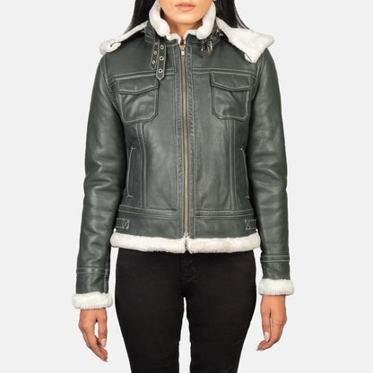 Women’s Fiona Green Hooded Shearling Leather Jacket – Winter Luxe Style