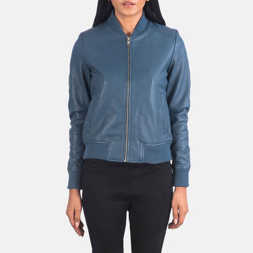 Bliss Blue Leather Bomber Jacket – Timeless Women’s Style