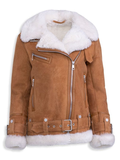 Women's Brown Suede Shearling Biker Jacket