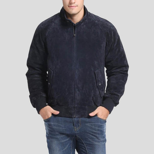 Men’s Admiral Navy Blue Suede Bomber Jacket – Premium Leather Style