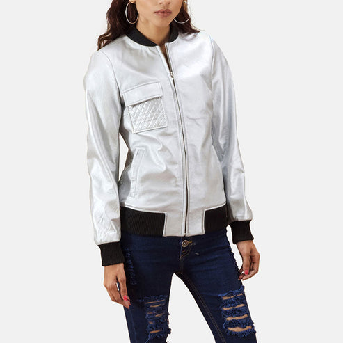 Lana Silver Leather Bomber Jacket – Modern Shine & Timeless Style