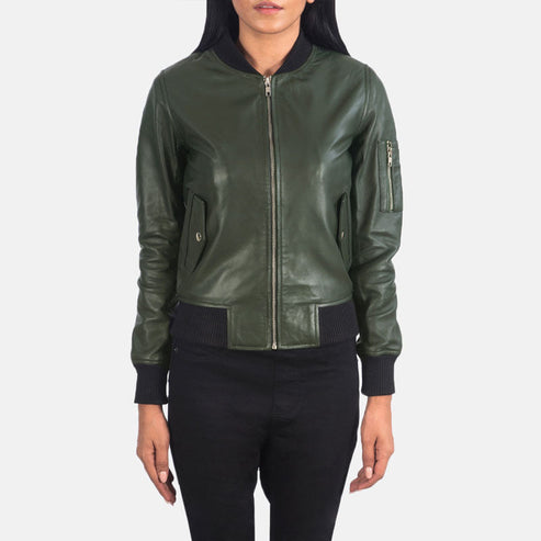 Ava MA-1 Green Leather Bomber Jacket – Classic Flight Style