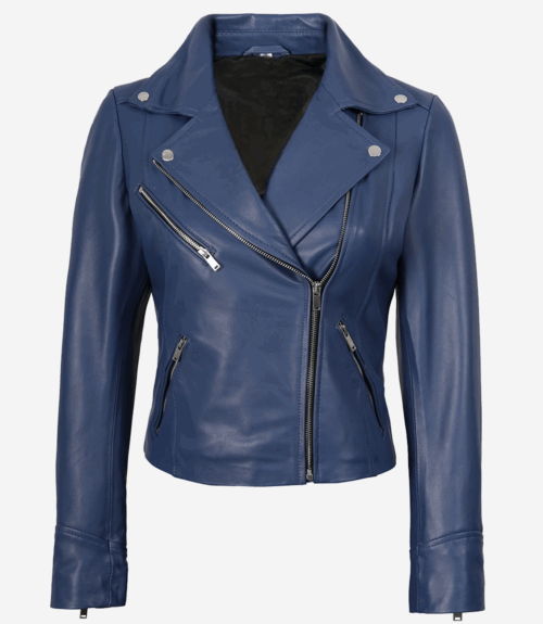 Women’s Blue Lambskin Leather Biker Jacket