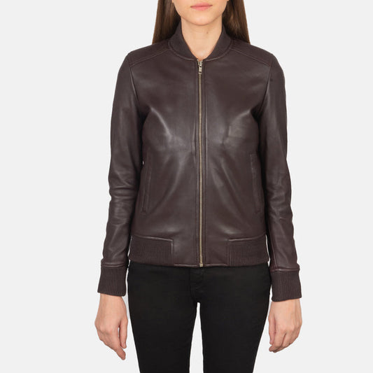 Women’s Bliss Maroon Leather Bomber Jacket – Bold Classic Style