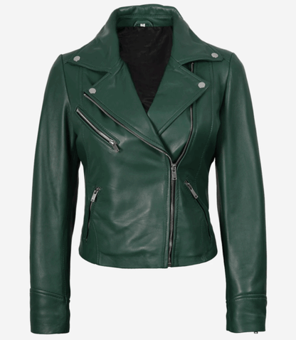 Women’s Green Lambskin Leather Biker Jacket