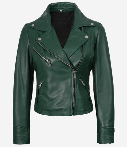 Women’s Green Lambskin Leather Biker Jacket