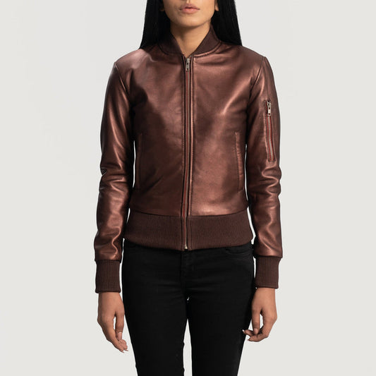 Women’s Reida Maroon Leather Bomber Jacket – Timeless Bold Elegance