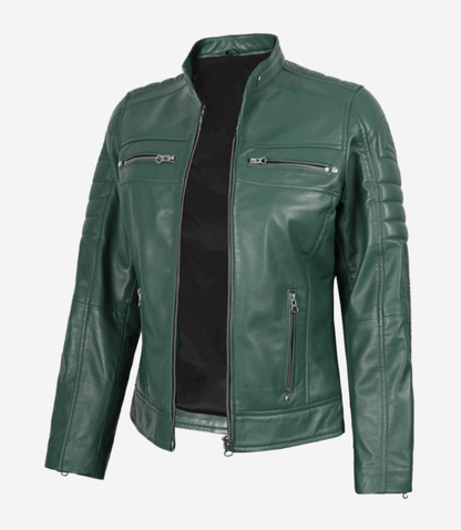Women’s Green Leather Biker Jacket