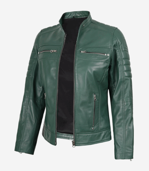 Women’s Green Leather Biker Jacket