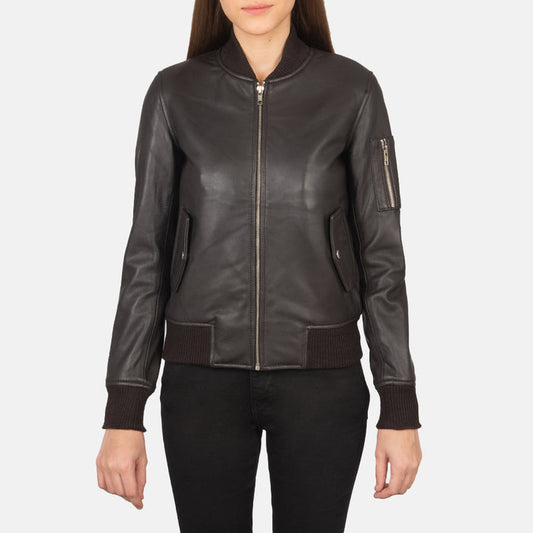 Women’s Ava MA-1 Brown Leather Bomber Jacket – Classic Aviator Style