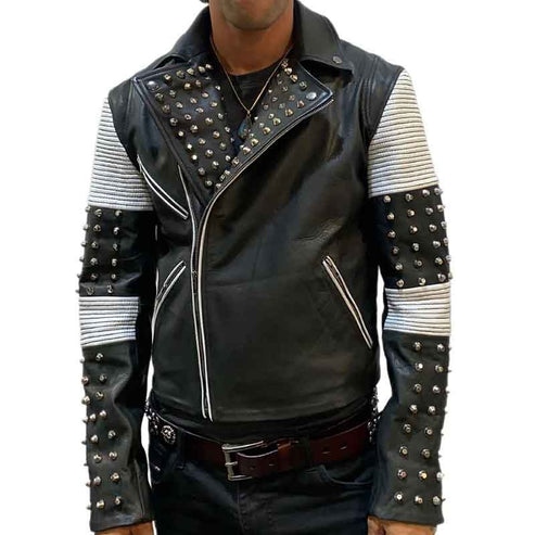 Men’s Black & White Studded Leather Jacket – Bold Biker Style