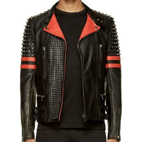 Men’s Red & Black Studded Rider Jacket – Designer Biker Style