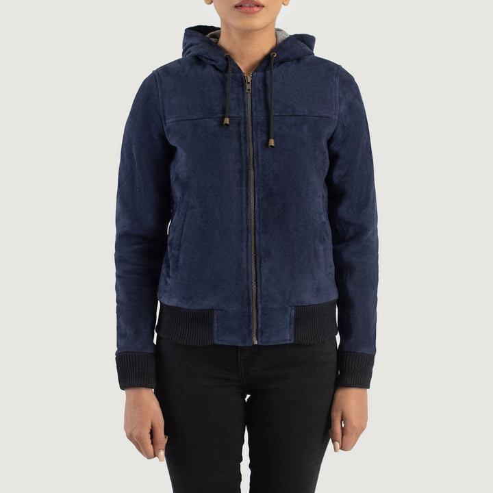 Women’s Rebella Blue Hooded Suede Bomber Jacket – Cozy Urban Style