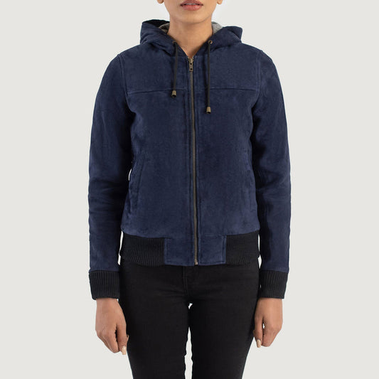 Women’s Rebella Blue Hooded Suede Bomber Jacket – Cozy Urban Style