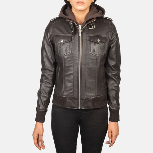 Roslyn Brown Hooded Leather Bomber Jacket – Everyday Comfort & Style