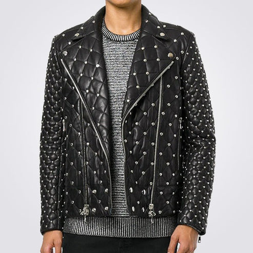 Men’s Black Studded Leather Jacket – Silver Stud Fashion Style