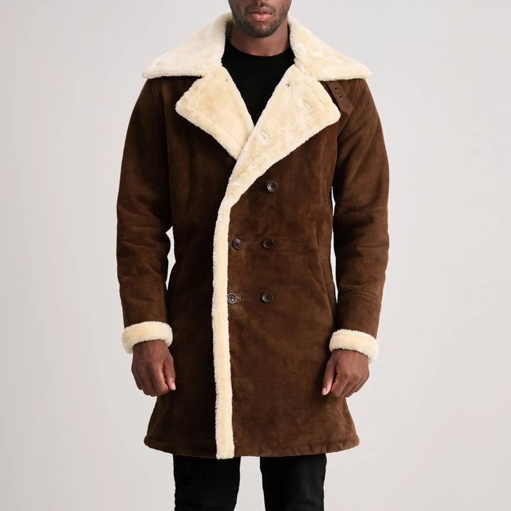 Bravo Bros. Charles Brown Suede Leather Shearling Double-Breasted Coat – Premium Winter Luxury