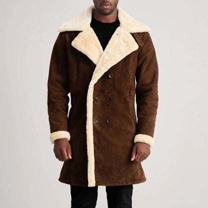 Bravo Bros. Charles Brown Suede Leather Shearling Double-Breasted Coat – Premium Winter Luxury