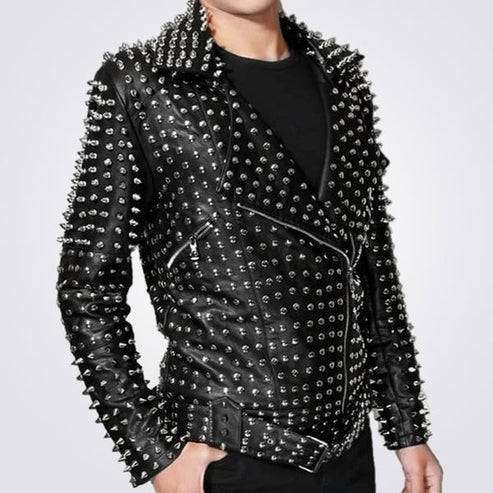 Men’s Full Silver Studded Lambskin Jacket – Premium Leather Style