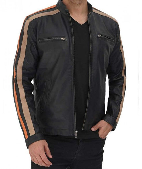 Bravo Bros Harland Men’s Black Stripe Leather Cafe Racer Jacket