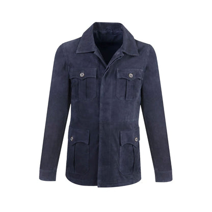 Men’s Chocolate & Medium Blue Suede Leather Bomber Shirt Jacket