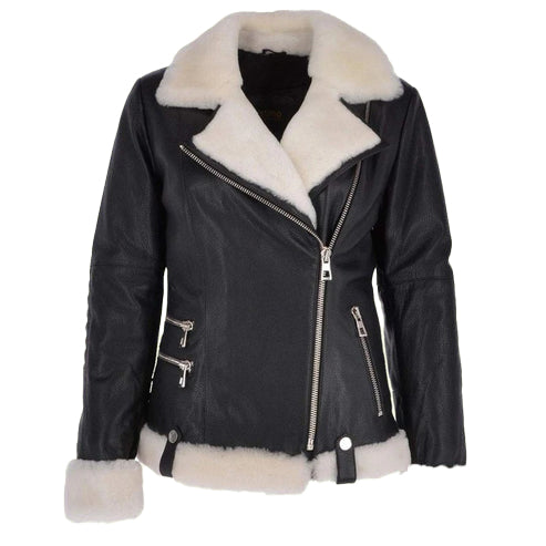 Women’s Black Shearling Biker Leather Jacket with White Fur Lining