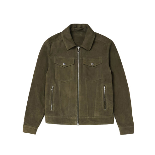 Men’s Army Green Suede Leather Trucker Jacket